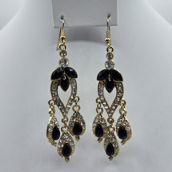 Charming Charlie Crystal Chandelier Earrings Black Clear Gold - Picture 1 of 5
